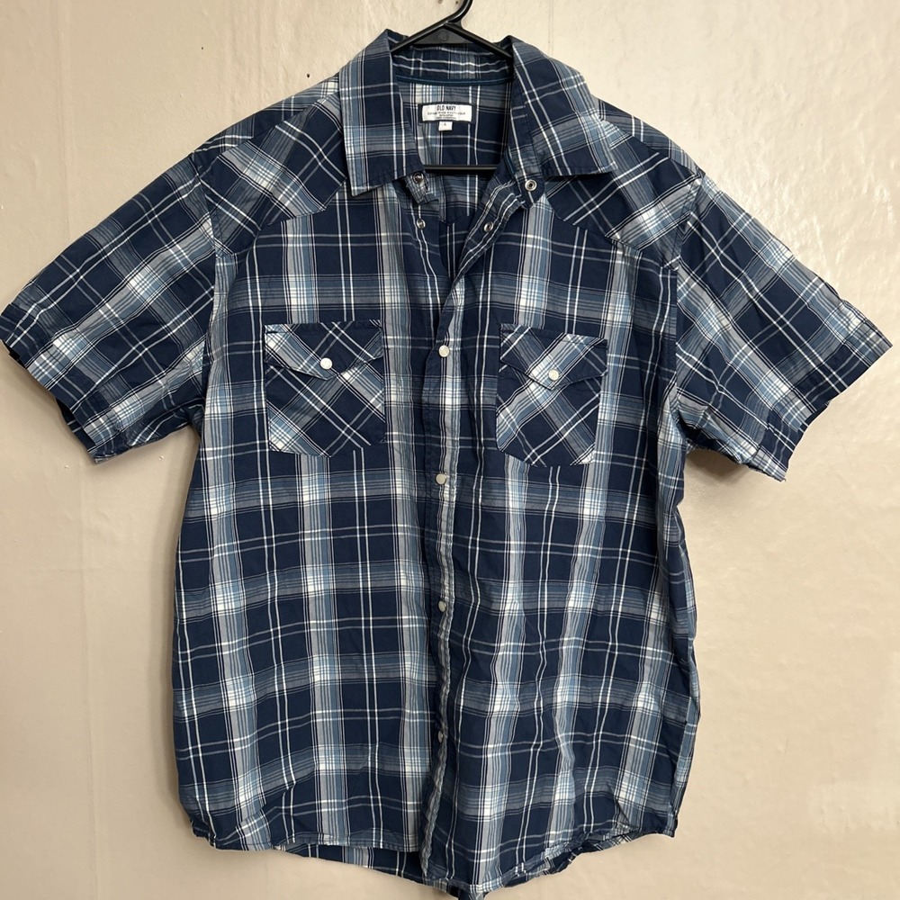 Old‎ Navy Large Navy Blue Plaid Pearl Snap Button Front Shirt Short Sleeves
